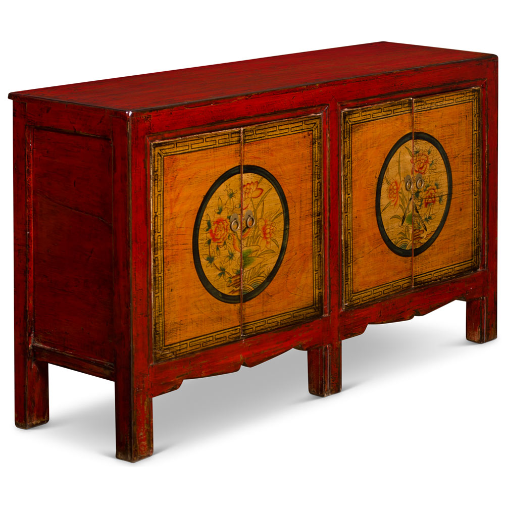 Hand Painted Flower Motif Distressed Mongolian Elmwood Sideboard