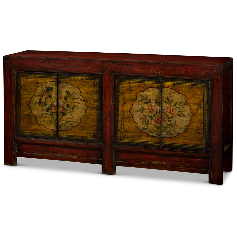 Hand Painted Flower Motif Distressed Red and Yellow Orche Mogolian Elmwood Sideboard