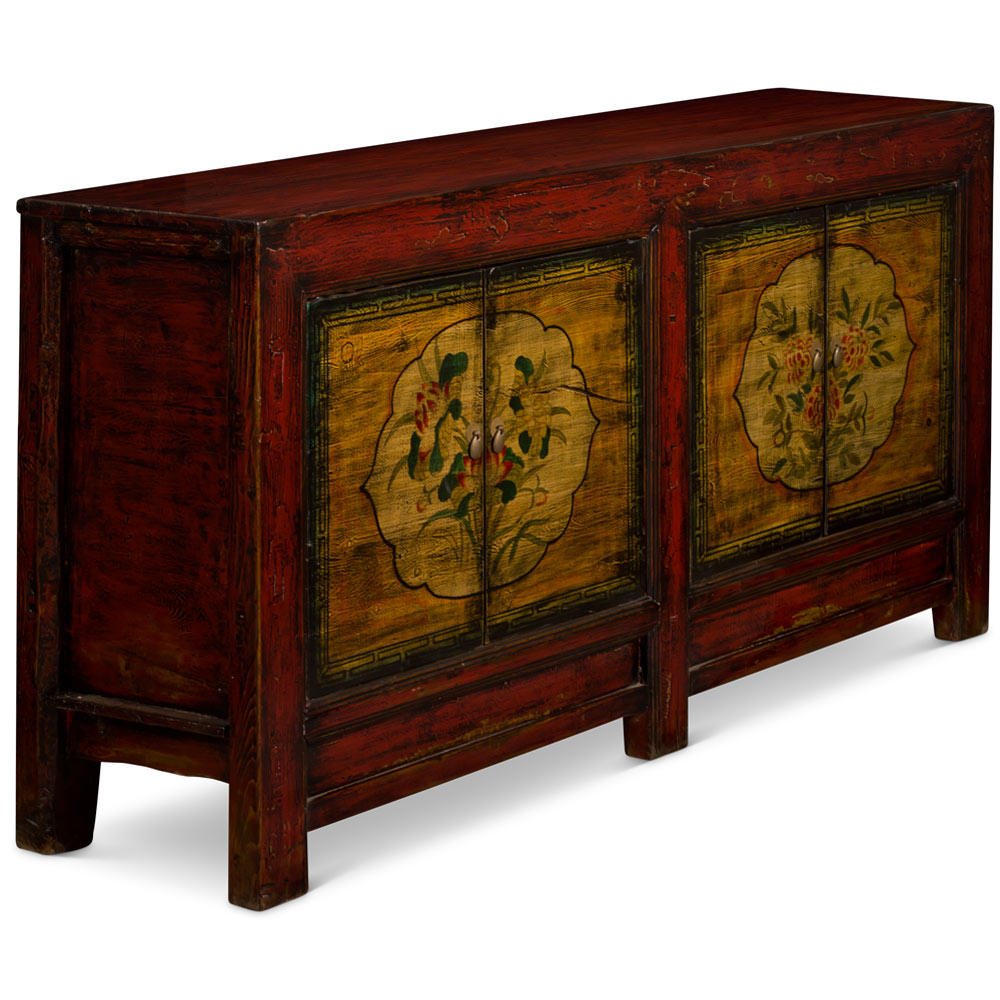 Hand Painted Flower Motif Distressed Red and Yellow Orche Mogolian Elmwood Sideboard