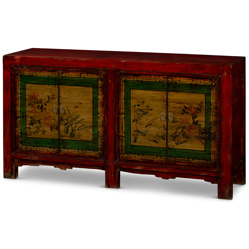 Hand Painted Bird and Flower Motif Distressed Mongolian Elmwood Sideboard