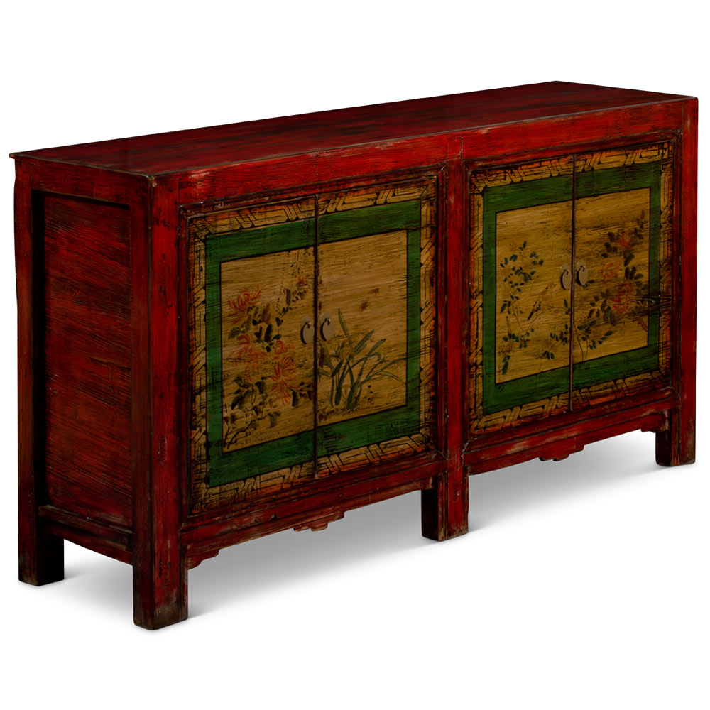 Hand Painted Bird and Flower Motif Distressed Mongolian Elmwood Sideboard