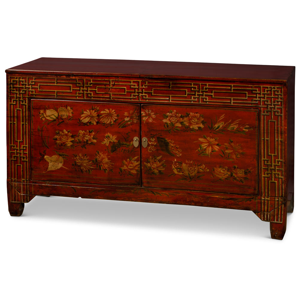 Elmwood Dark Red Flower Motif Tibetan Cabinet