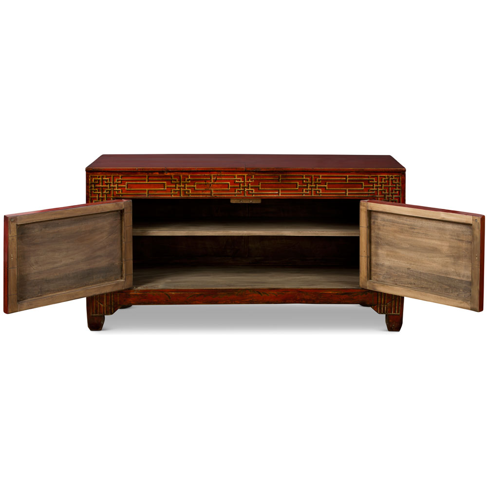 Elmwood Dark Red Flower Motif Tibetan Cabinet