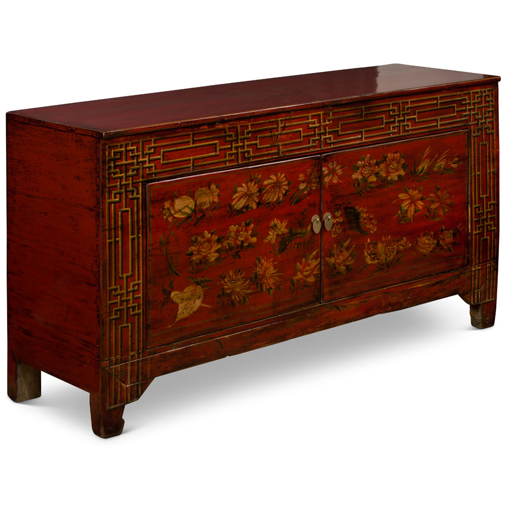 Elmwood Dark Red Flower Motif Tibetan Cabinet