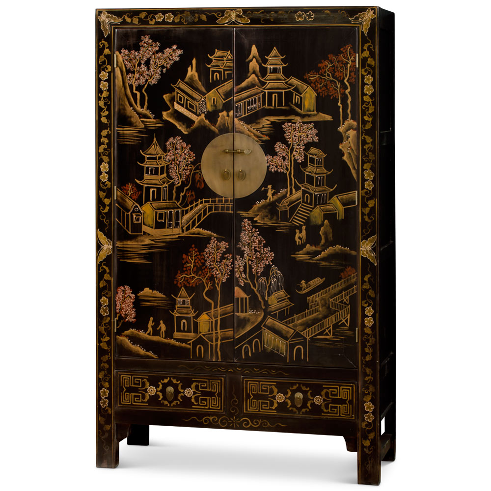 Hand Painted Chinoiserie Chinese Scenery Motif Armoire