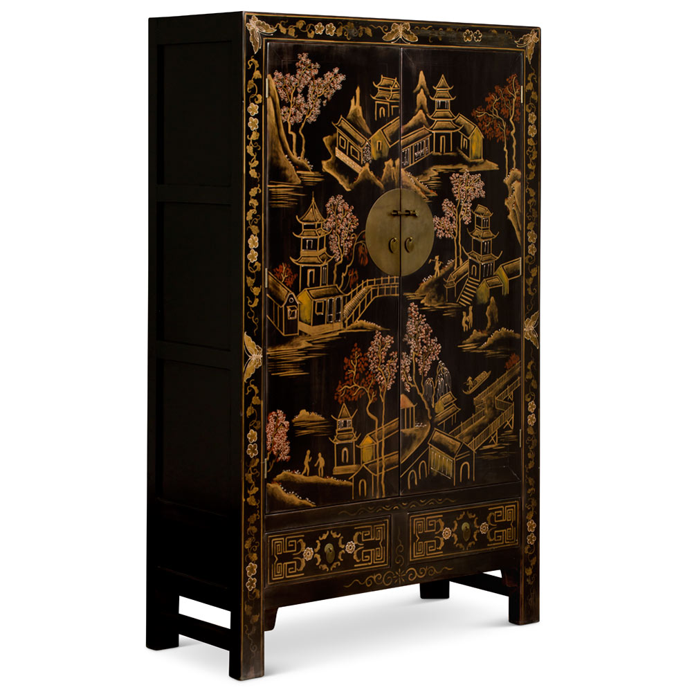 Hand Painted Chinoiserie Chinese Scenery Motif Armoire