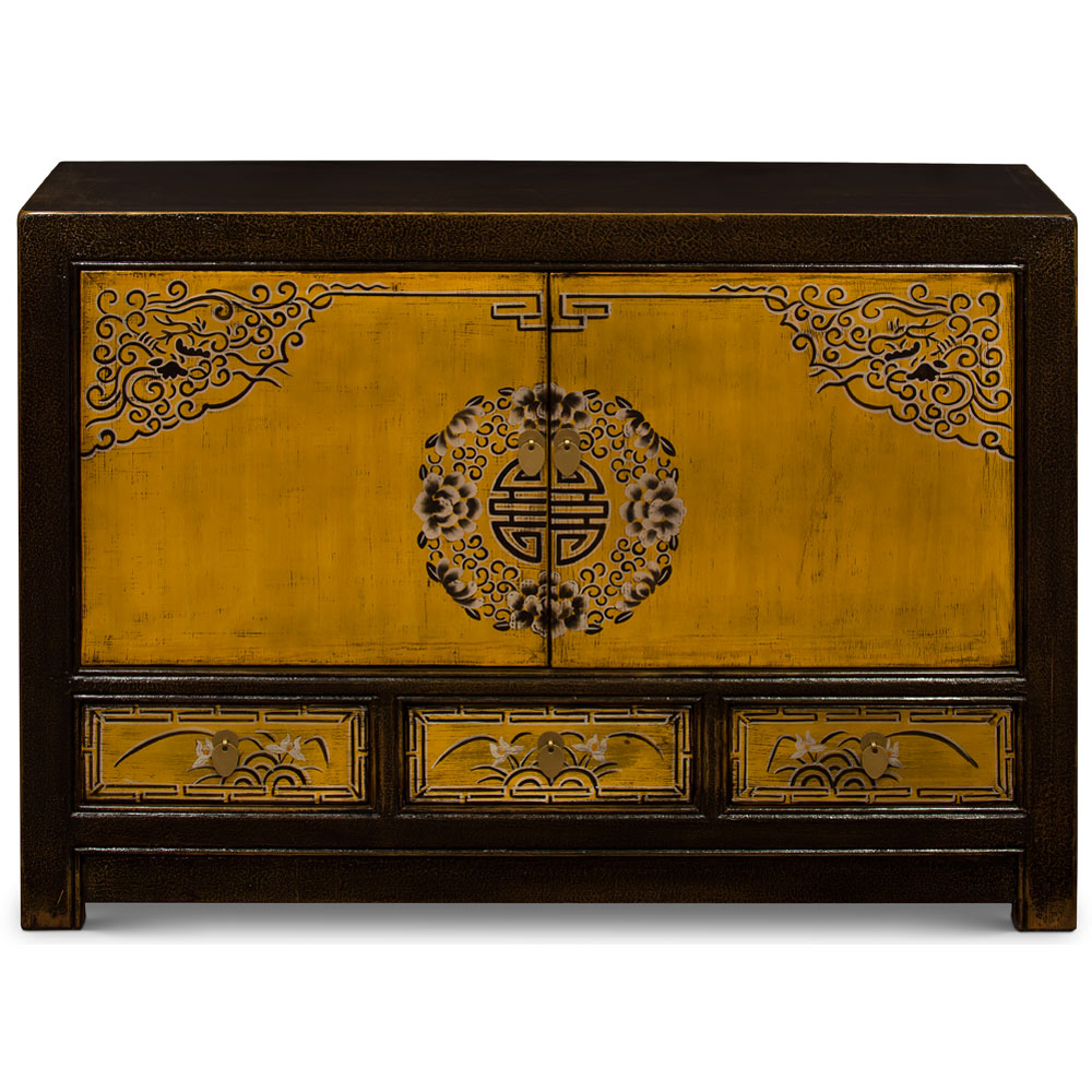 Distressed Golden Yellow Elmwood Qing Dynasty Cabinet