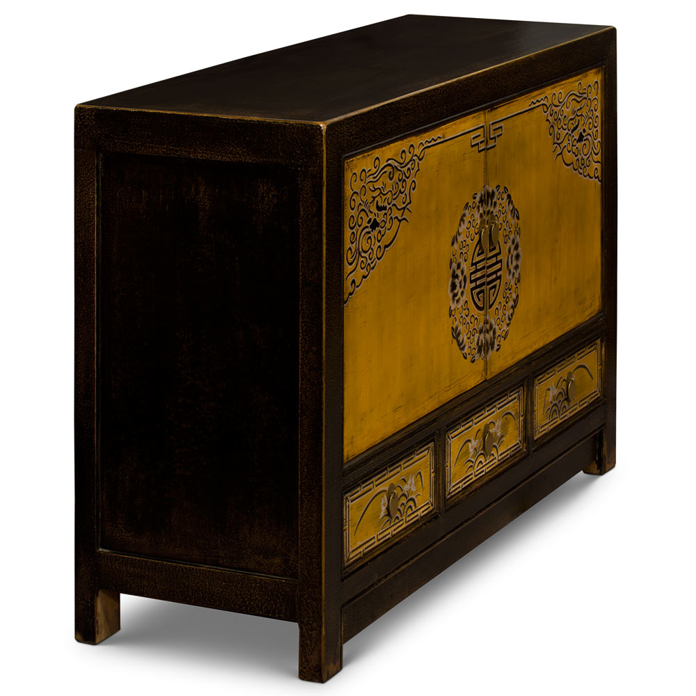 Distressed Golden Yellow Elmwood Qing Dynasty Oriental Cabinet