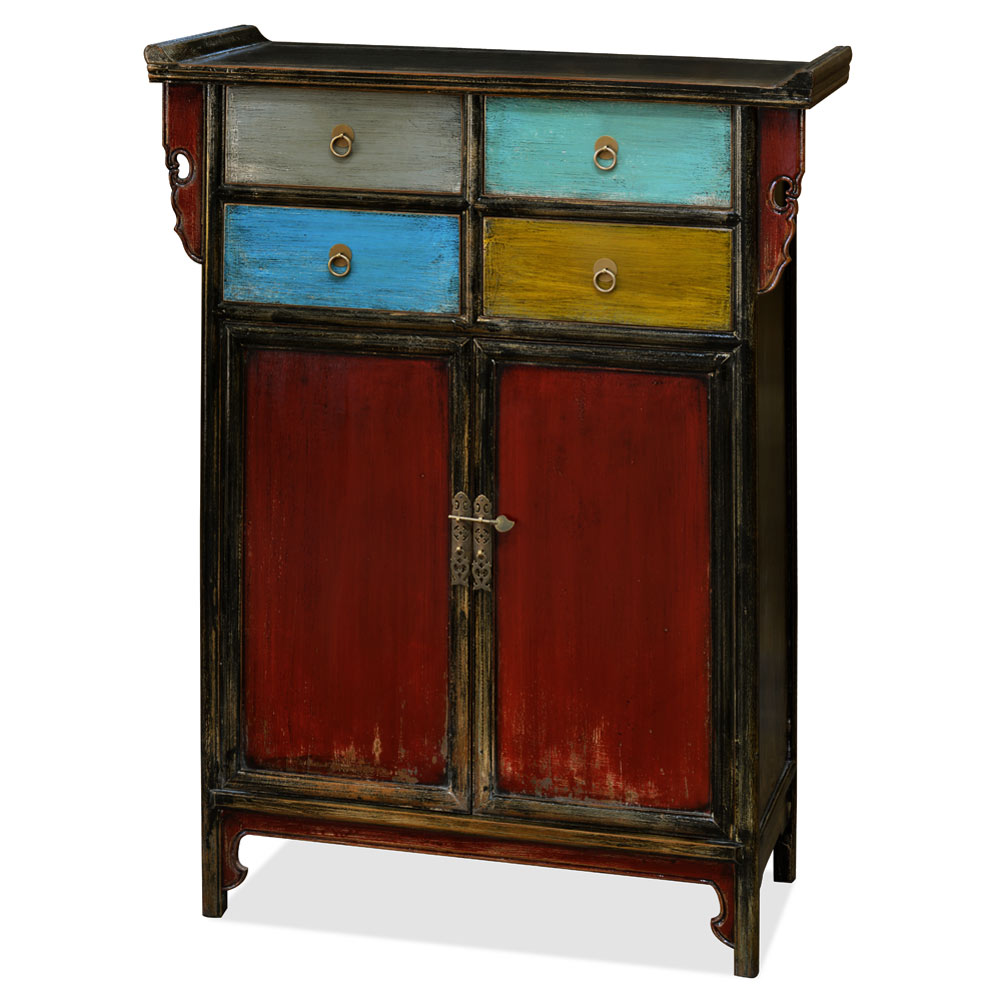 Distressed Multicolor Elmwood Qing Dynasty Altar Style Asian Cabinet