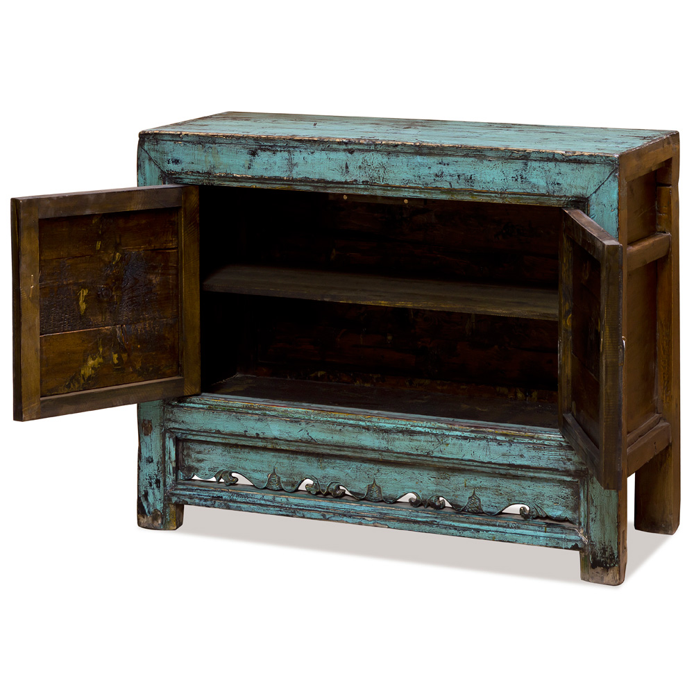 Distressed  Blue and Red Elmwood Mongolian Cabinet