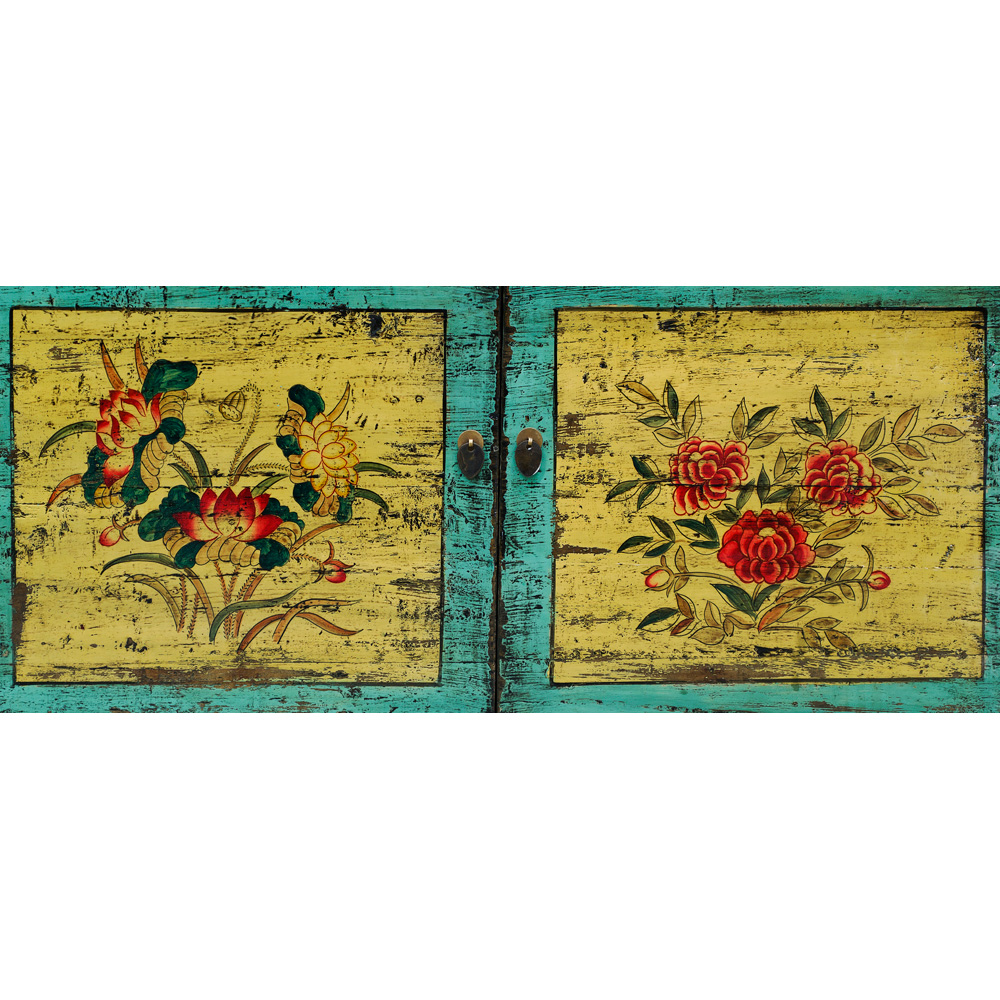 Distressed Cyan Elmwood Mongolian Cabinet with Peony and Lotus Painting