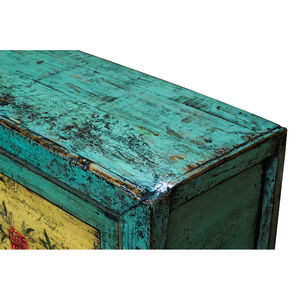 Distressed Cyan Elmwood Mongolian Cabinet with Peony and Lotus Painting