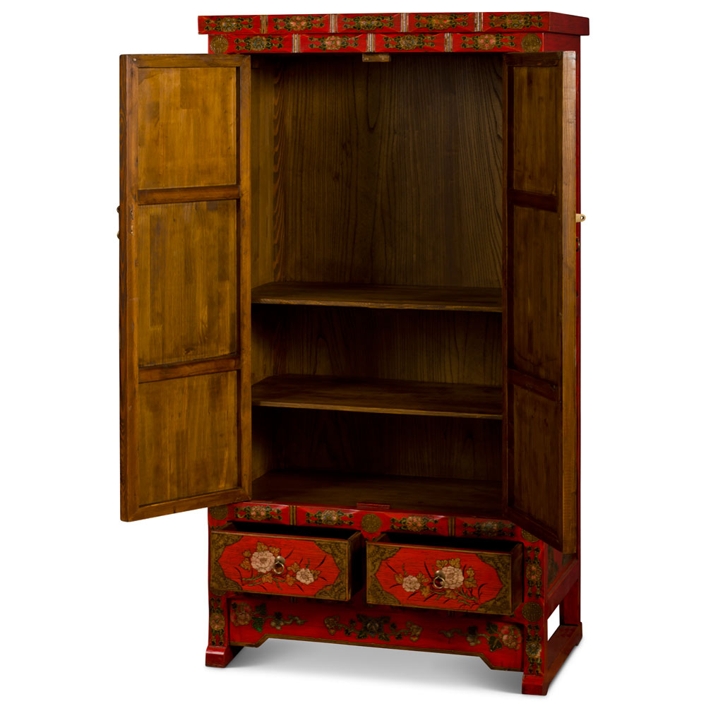Elmwood Qing Dynasty Oriental Armoire with Peony Flowers