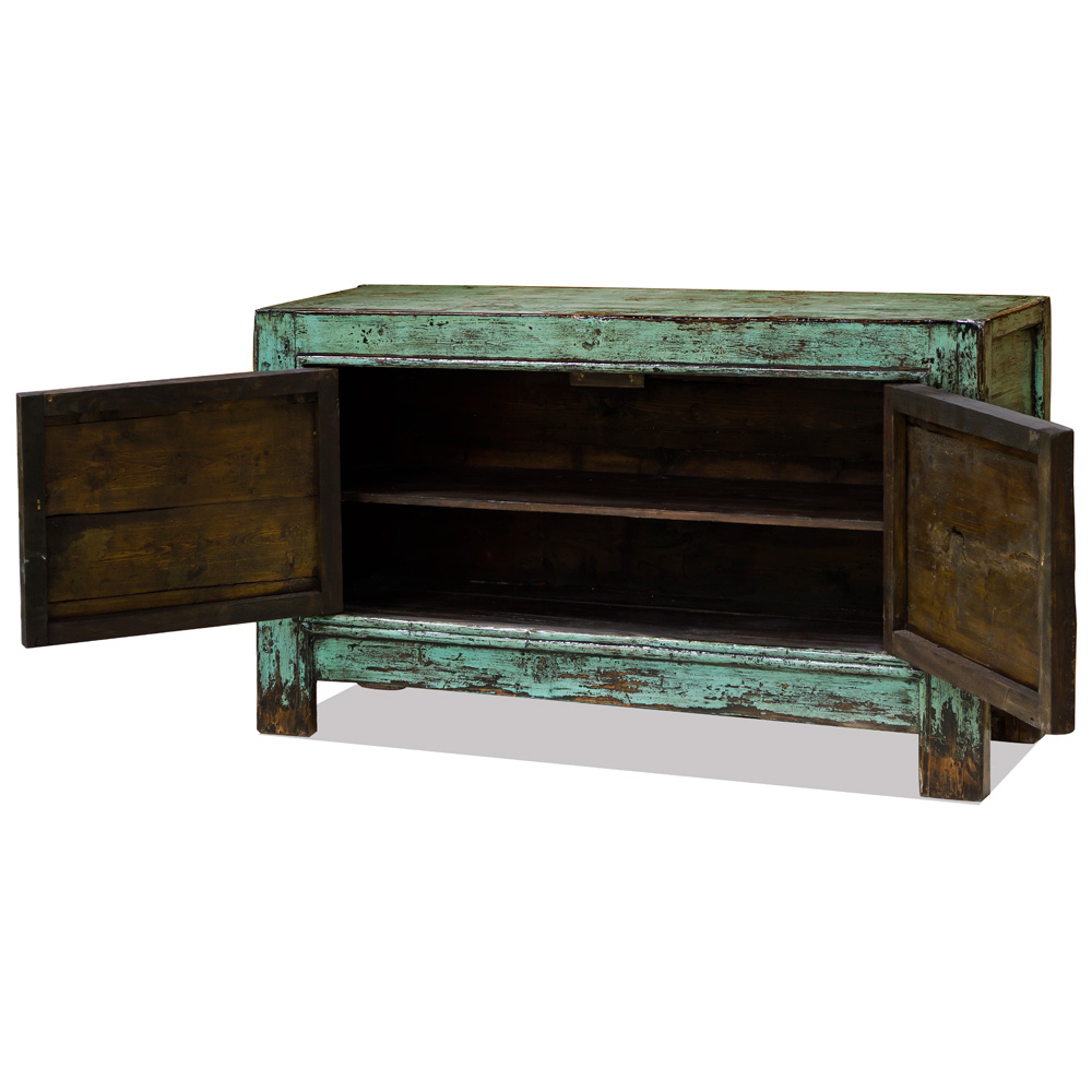 Distressed Cyan and Red Elmwood Mongolian Lotus Cabinet