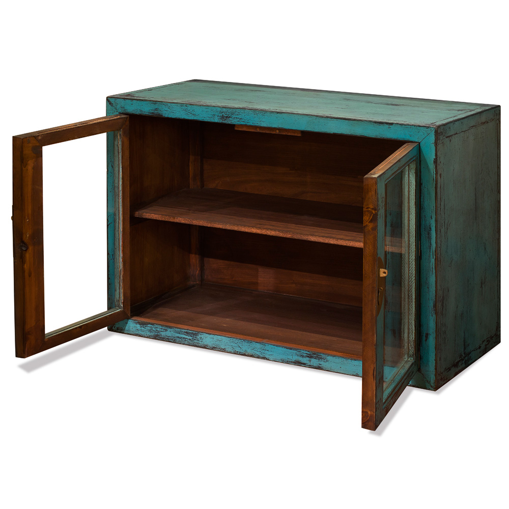 Distressed Turquoise Elmwood Shanghai Ming Cabinet with Glass Doors