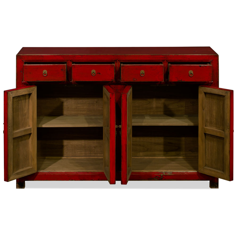Distressed Red Elmwood Chinese Ming Sideboard