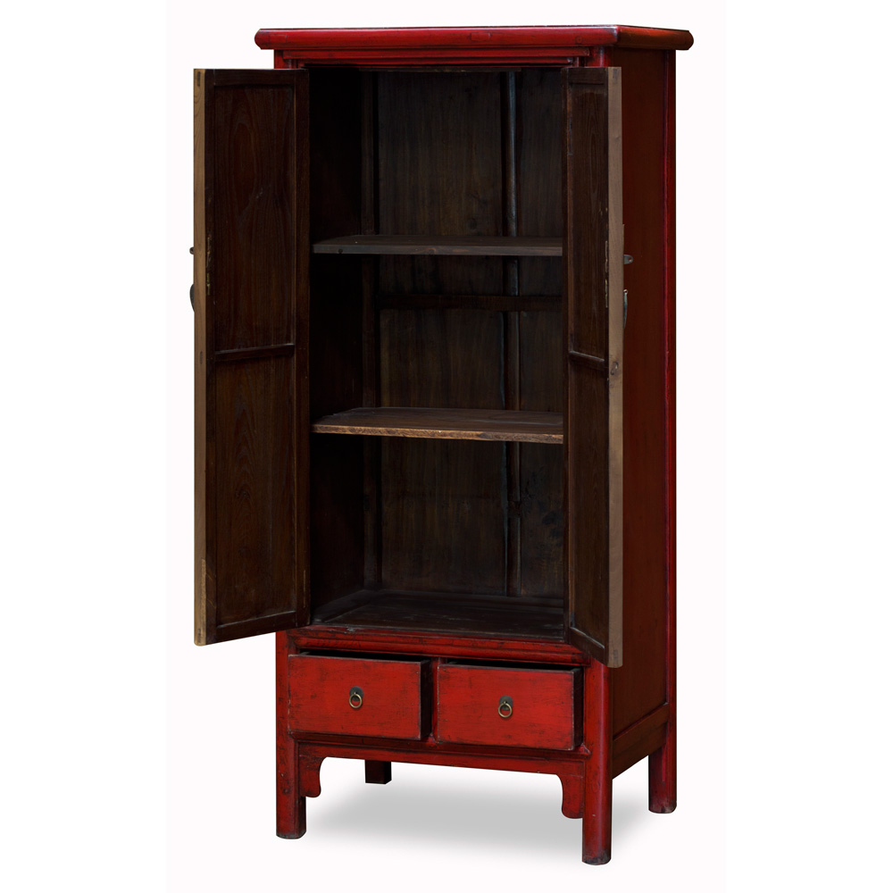 Vintage Red Elmwood Mandarin Cabinet with Robe Painting