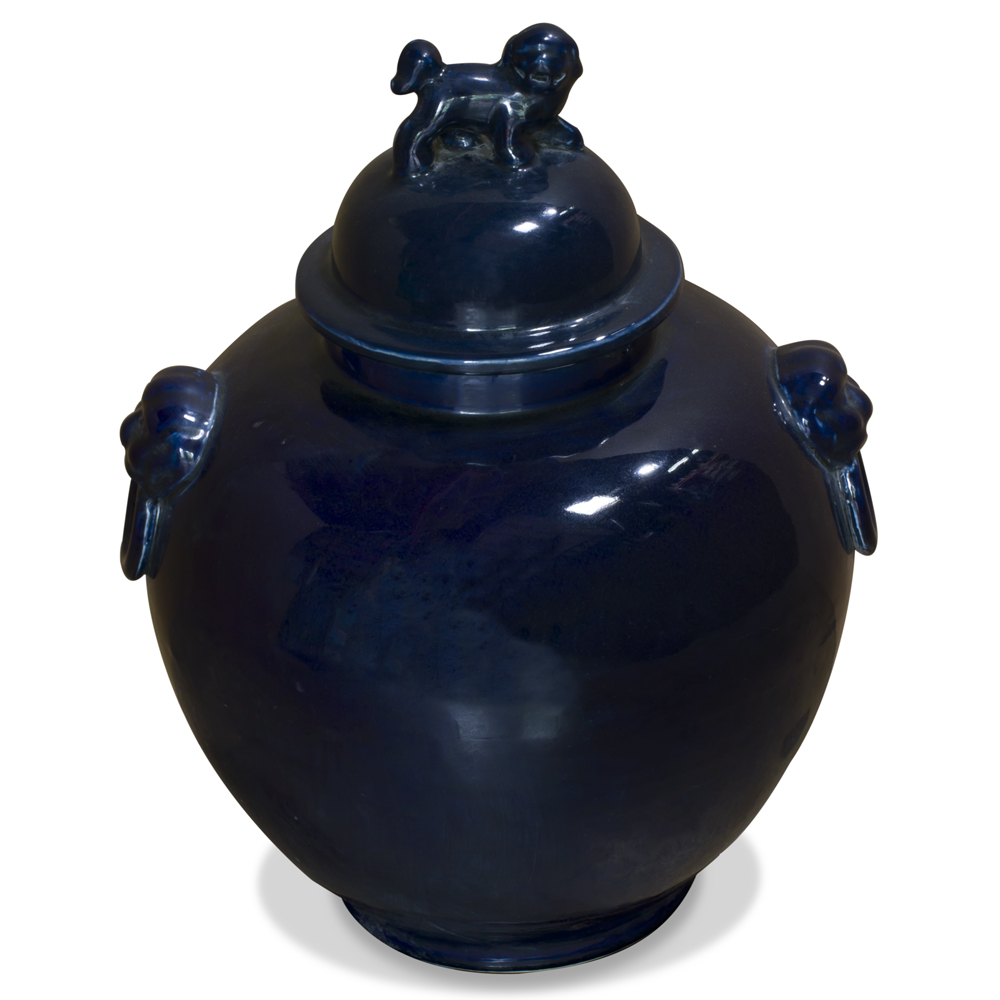 Vintage Indigo Ceramic Foo Dog Oriental Jar