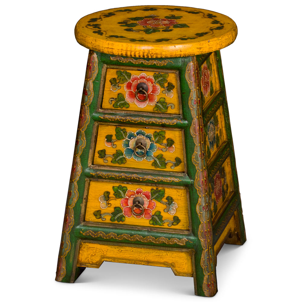 Distressed Yellow and Green Tibetan Stool with Drawers