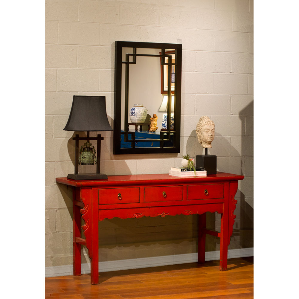 Vintage Distressed Red Elmwood Oriental Console Table with Drawers