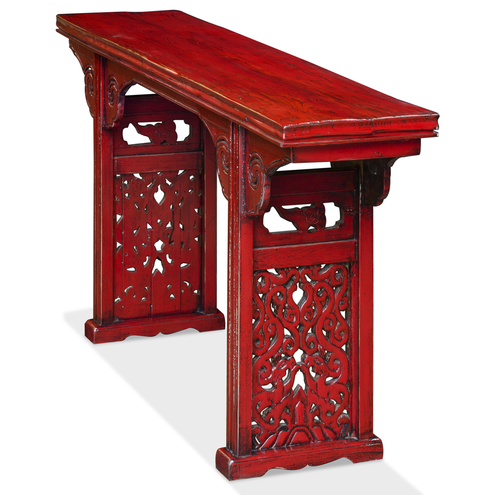 Distressed Red Elmwood Asian Altar Style Console Table