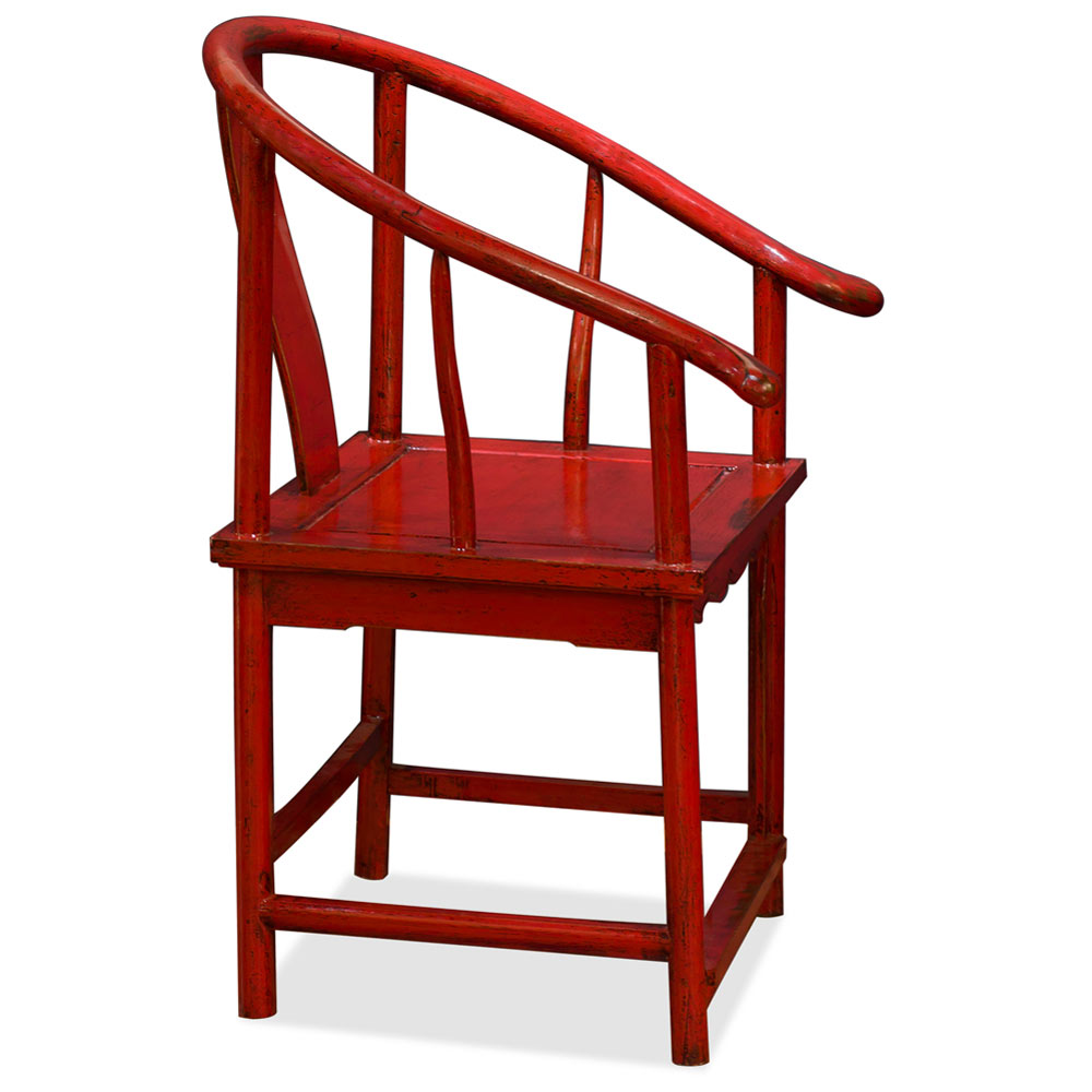 Distressed Red Elmwood Chinese Ming Arm Chair