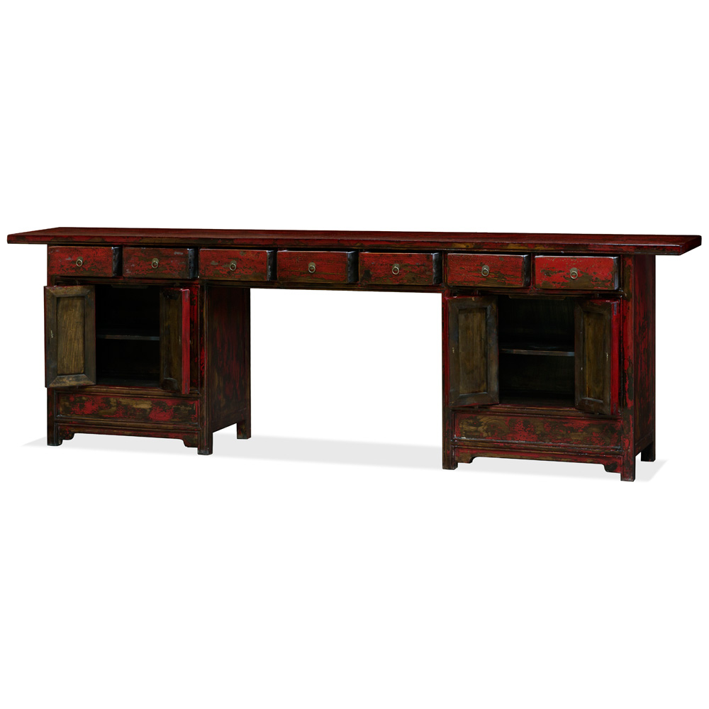 Distressed Red Elmwood Ming Palace Console Table with Cabinets