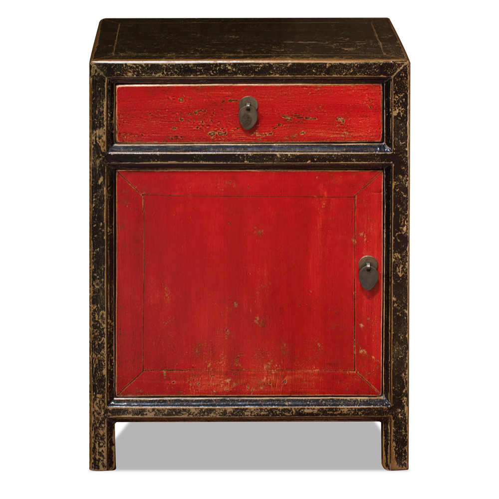 Distressed Black and Red Elmwood Petite Peking Asian Cabinet