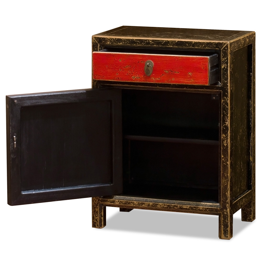 Distressed Black and Red Elmwood Petite Peking Asian Cabinet