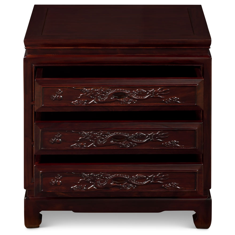 Dark Cherry Elmwood Dragon Motif Oriental Nightstand with 3 Drawers