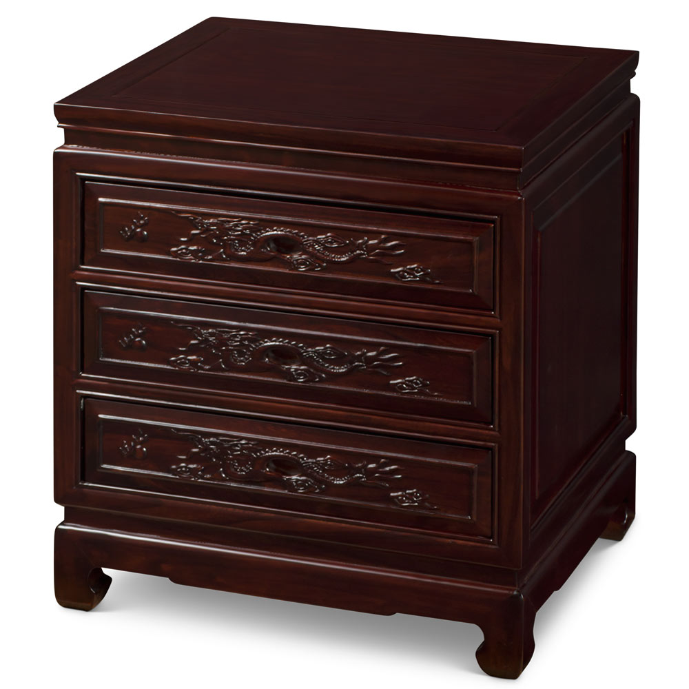 Dark Cherry Elmwood Dragon Motif Oriental Nightstand with 3 Drawers