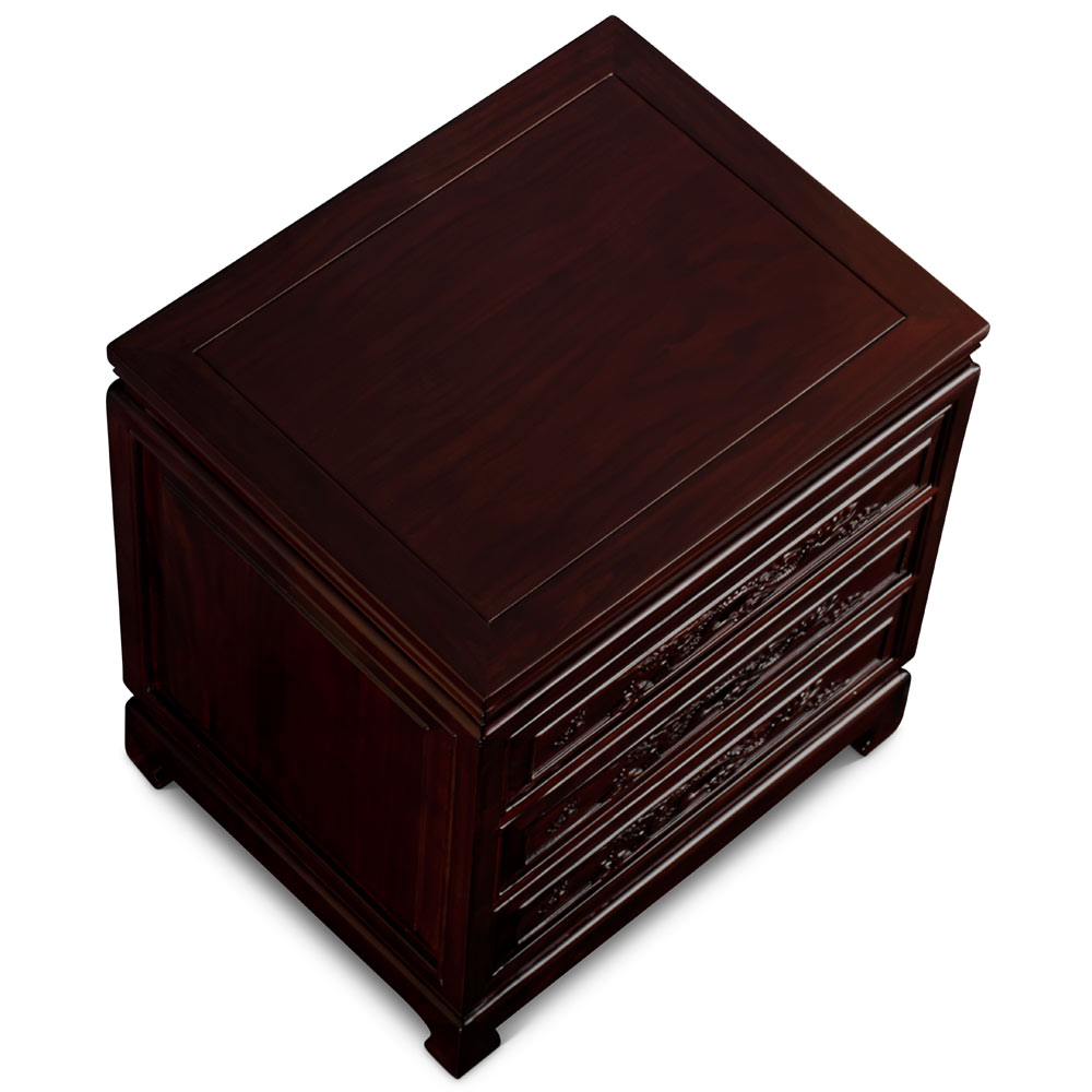 Dark Cherry Elmwood Dragon Motif Oriental Nightstand with 3 Drawers