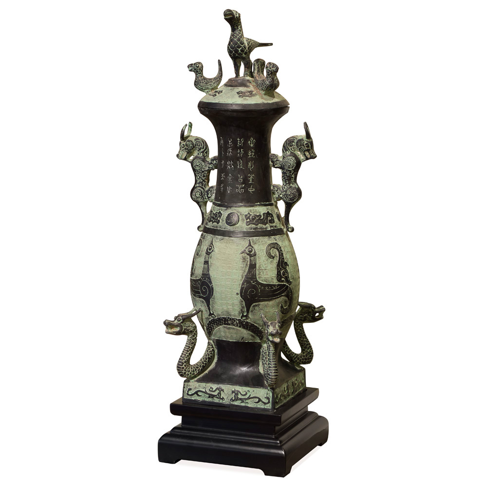 Bronze Patina Oriental Dragon Vase with Stand