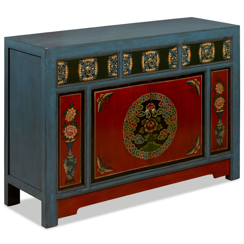 Elmwood Peony and Butterfly Motif Tibetan Cabinet