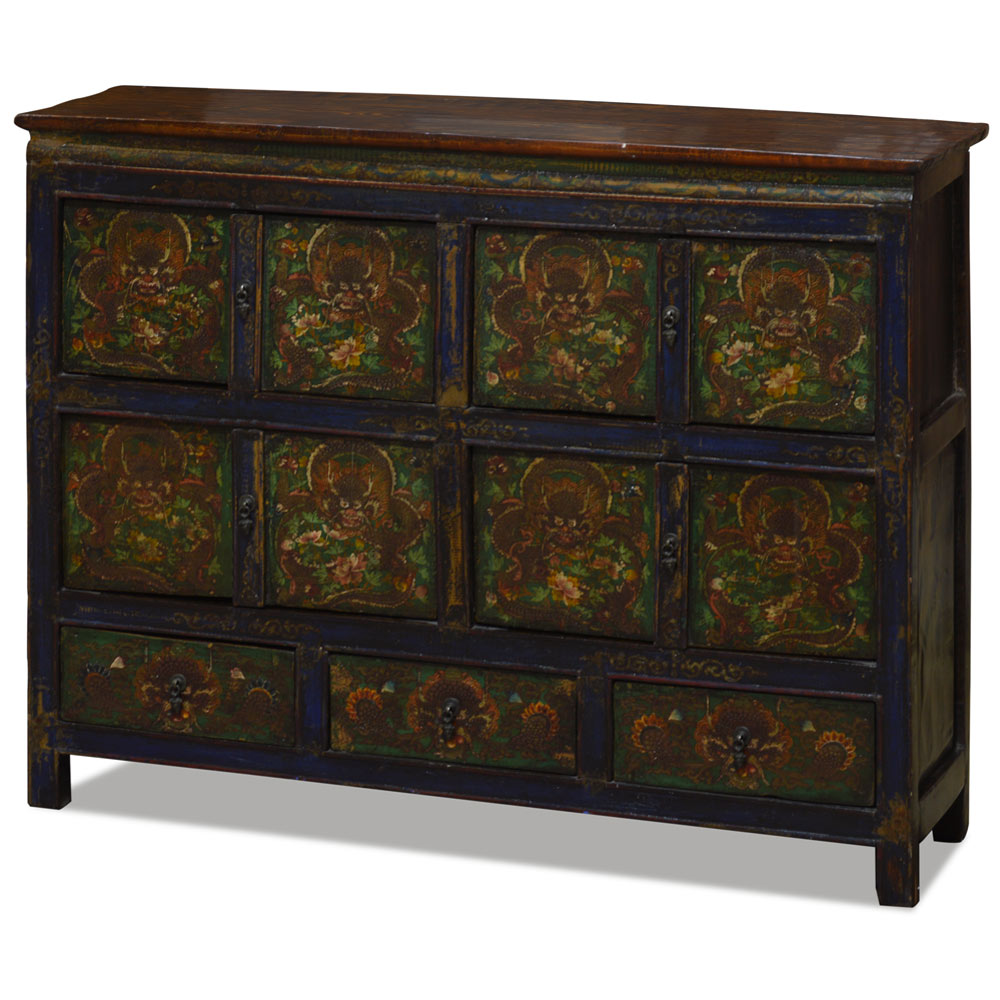 Vintage Hand Painted Imperial Dragon Elmwood Oriental Cabinet