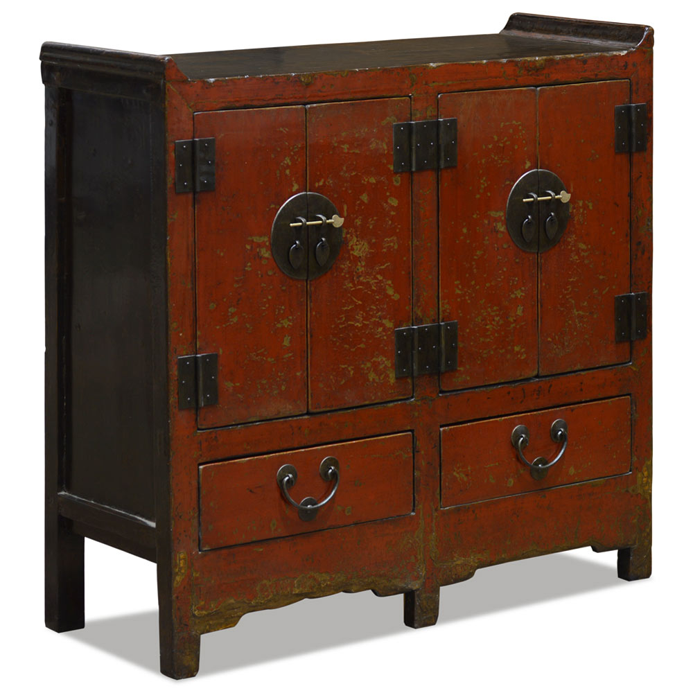 Vintage Elmwood Distressed Vermillion Red Altar Style Oriental Cabinet
