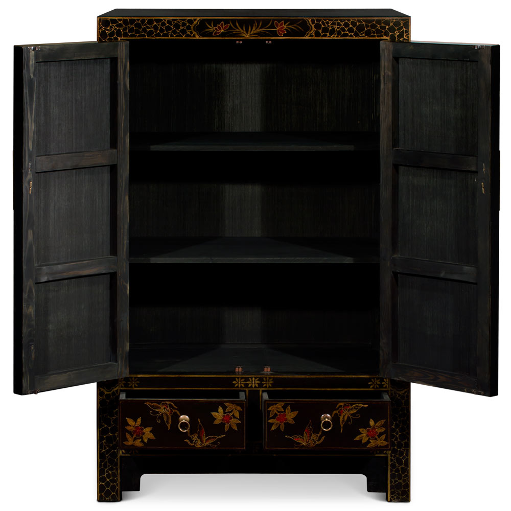 Vintage Distressed Black Oriental Elmwood Cabinet with Butterfly Motif