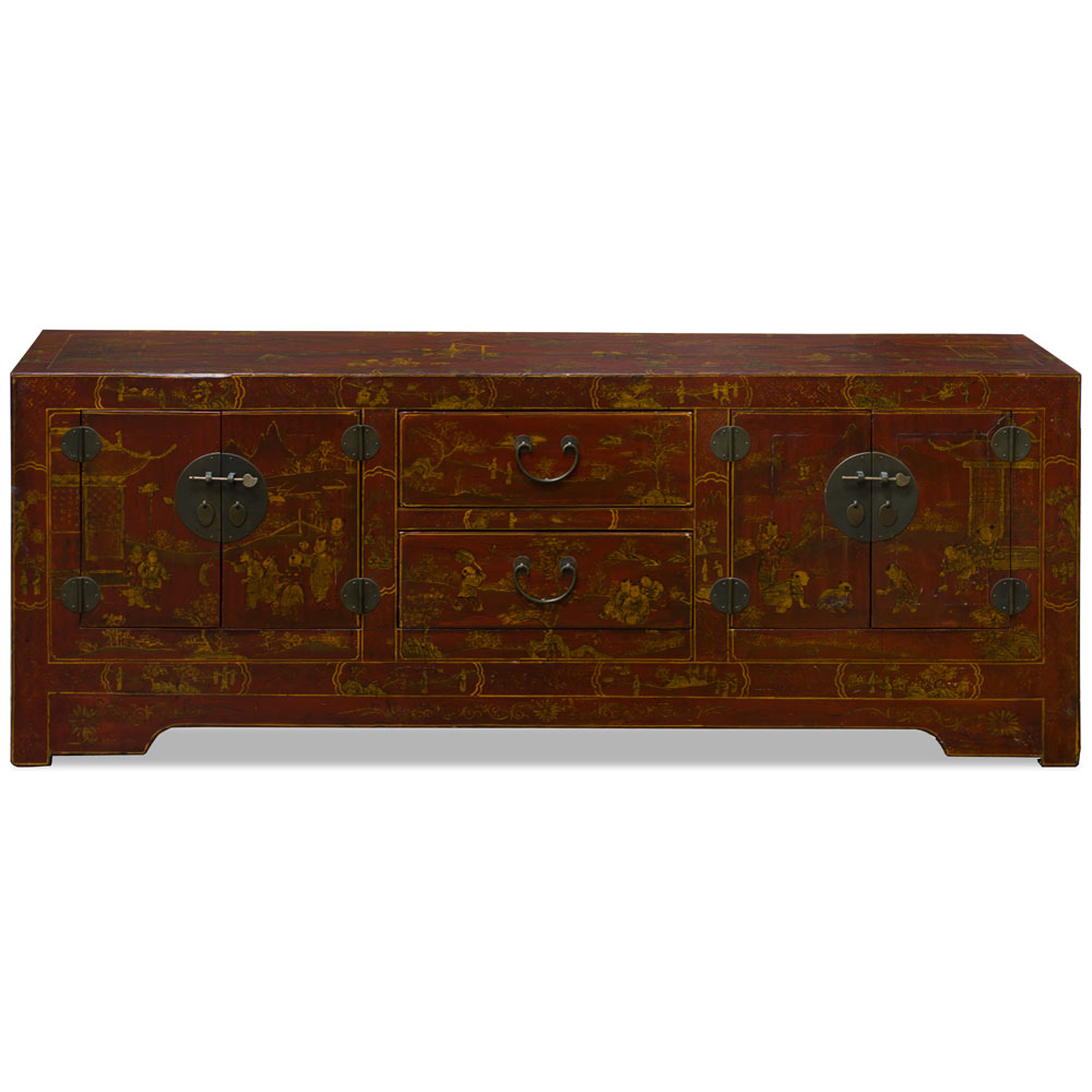 Rustic Red Chinoiserie Vintage Elmwood Chinese Kang Media Cabinet