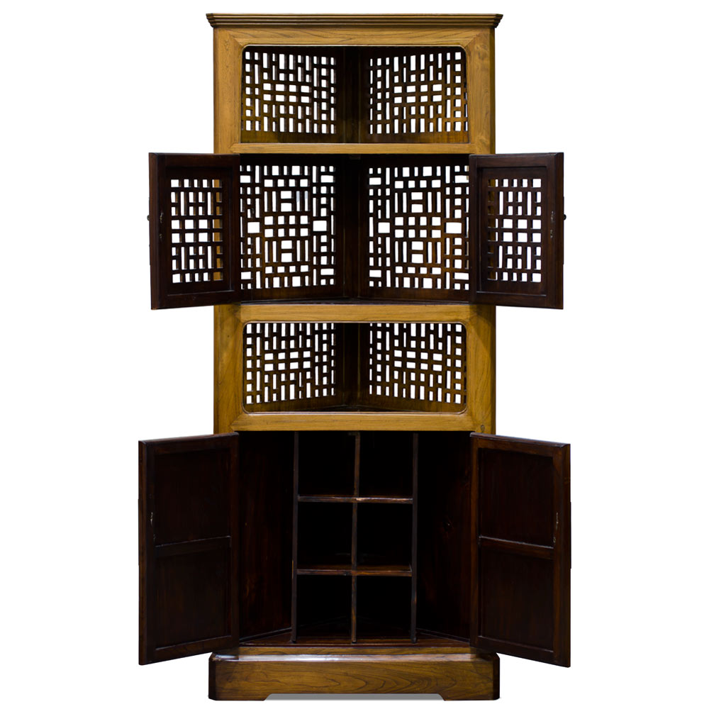 Elmwood Natural Finish Ming Asian Corner Cabinet