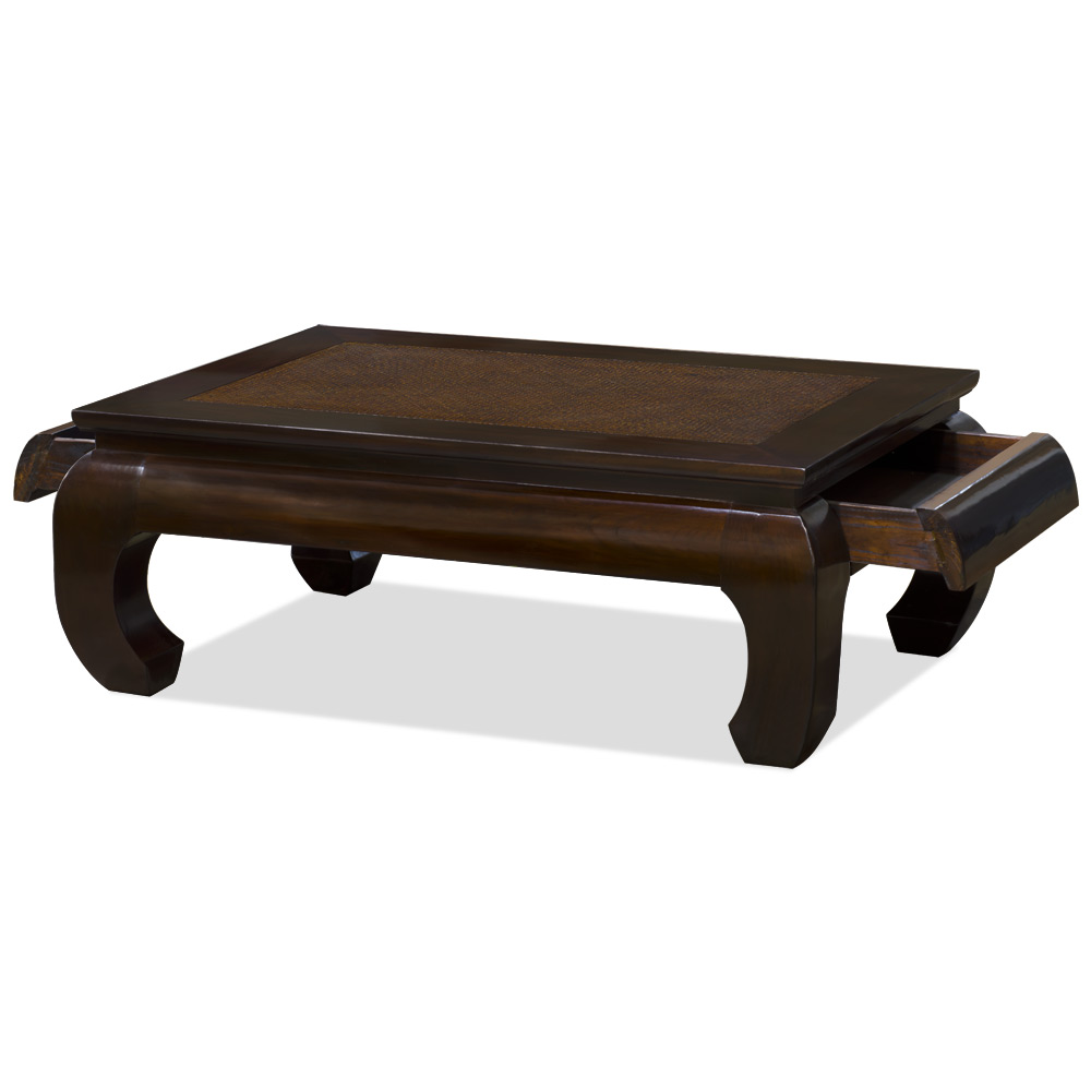 Vintage Dark Espresso Elmwood Chinese Ming Rectangular Coffee Table With Rattan Mat Inlay and Two Drawers