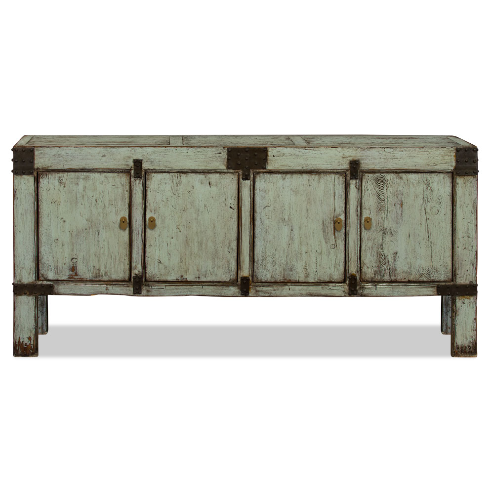 Vintage Distressed Light Grey Elmwood Tang Asian Sideboard