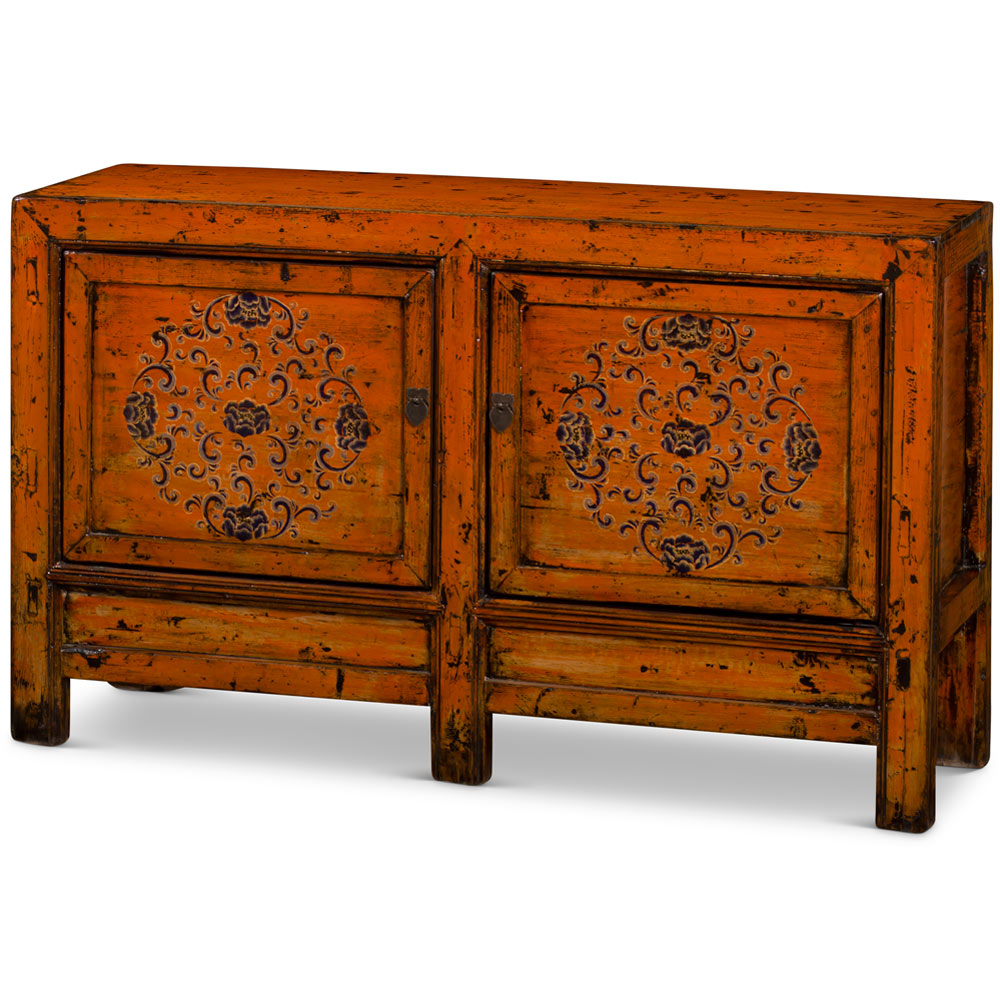 Hand Painted Flower Motif Distressed Orange Mongolian Elmwood Cabinet