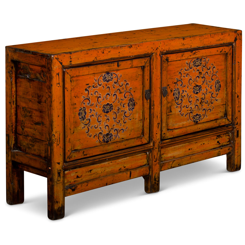 Hand Painted Flower Motif Distressed Orange Mongolian Elmwood Cabinet