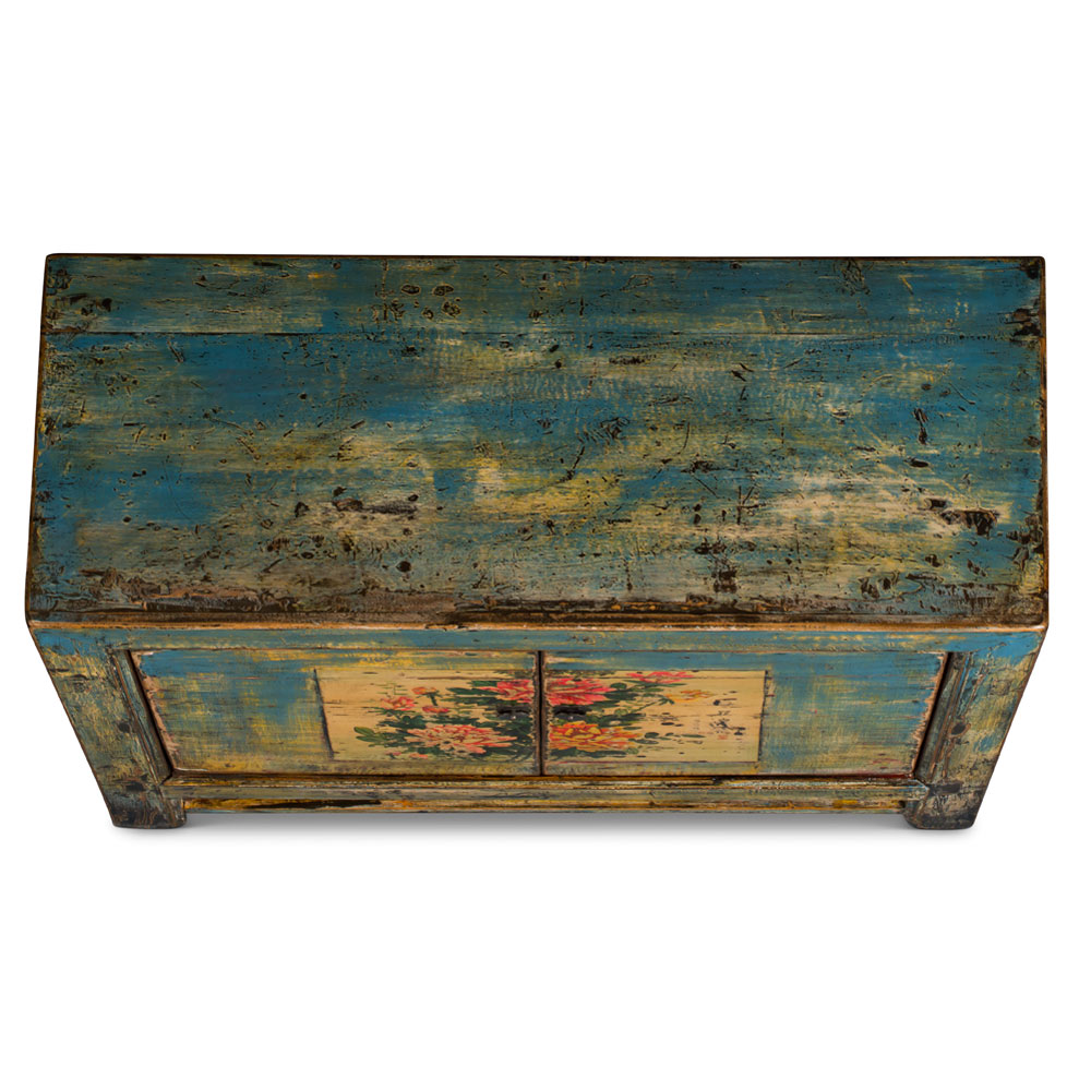 Distressed Turquoise Peony Elmwood Cabinet
