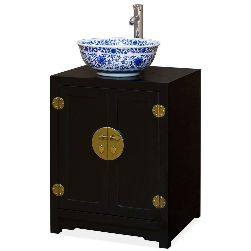 Matte Black Petite Elmwood Chinese Ming Vanity Cabinet