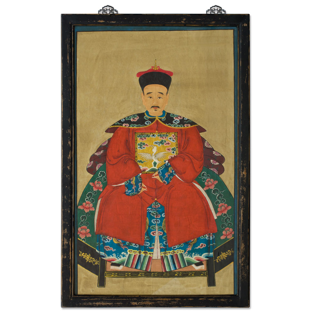 Vintage Red Robe Chinese Ancestor Family Portrait Painting Set