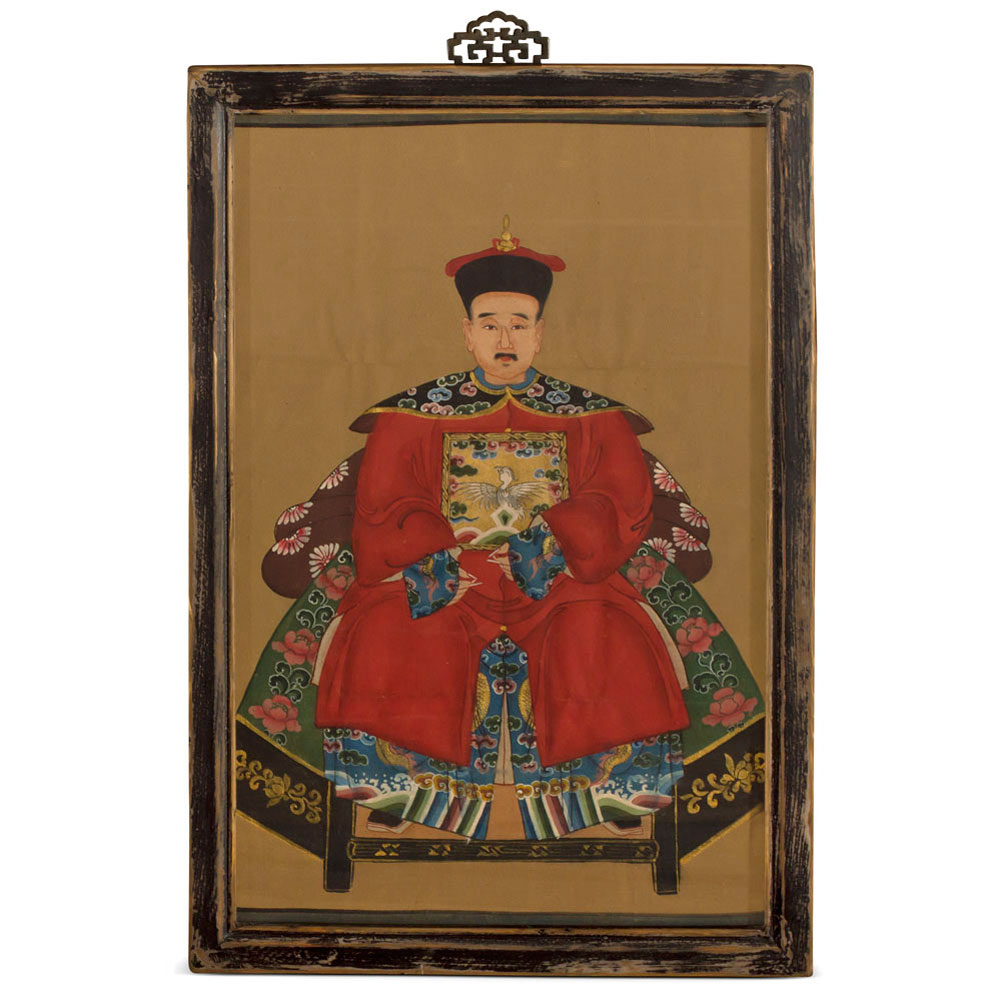 Vintage Red Robe Chinese Ancestor Family Portrait Painting Set