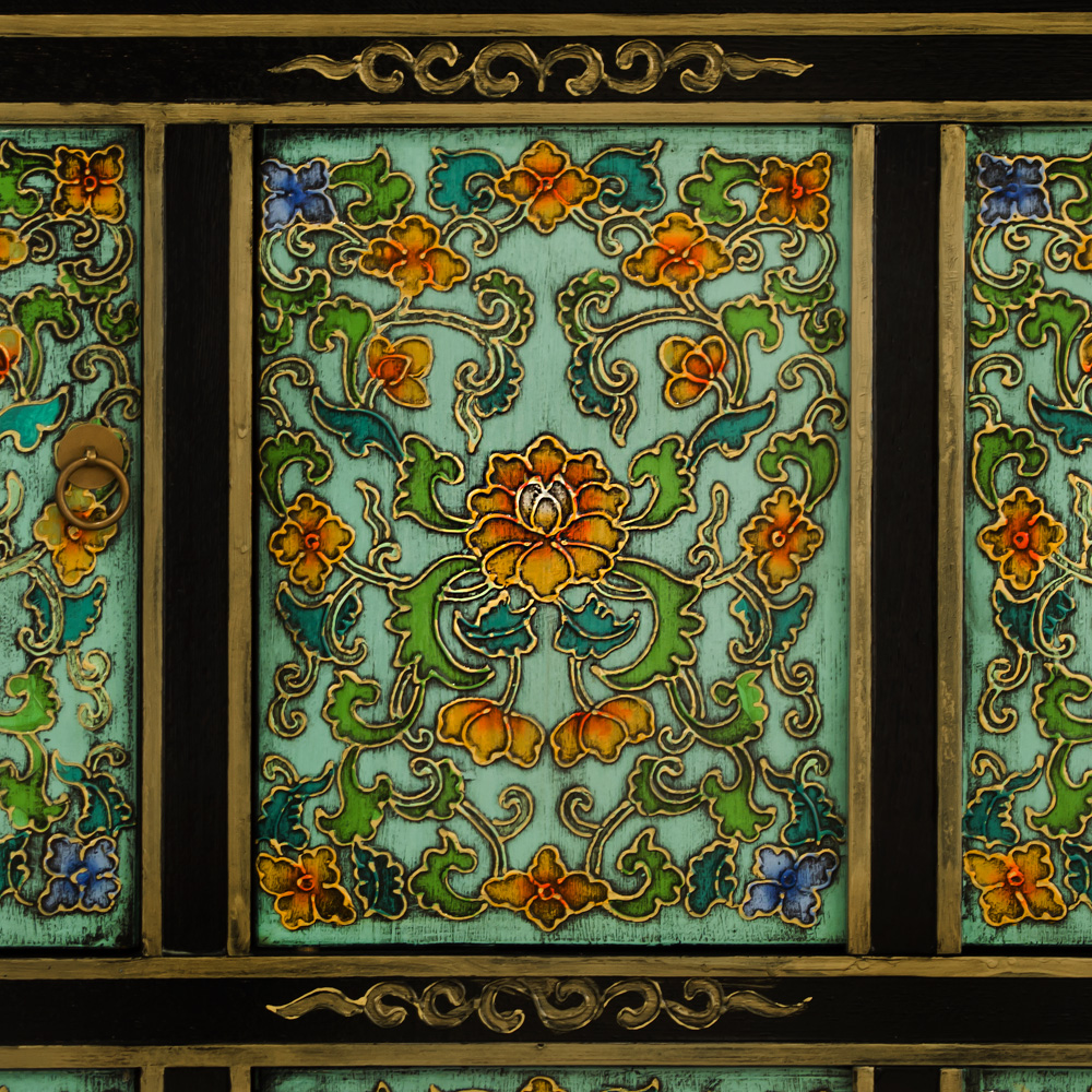 Hand Painted Flower Motif Elmwood Tibetan Cabinet