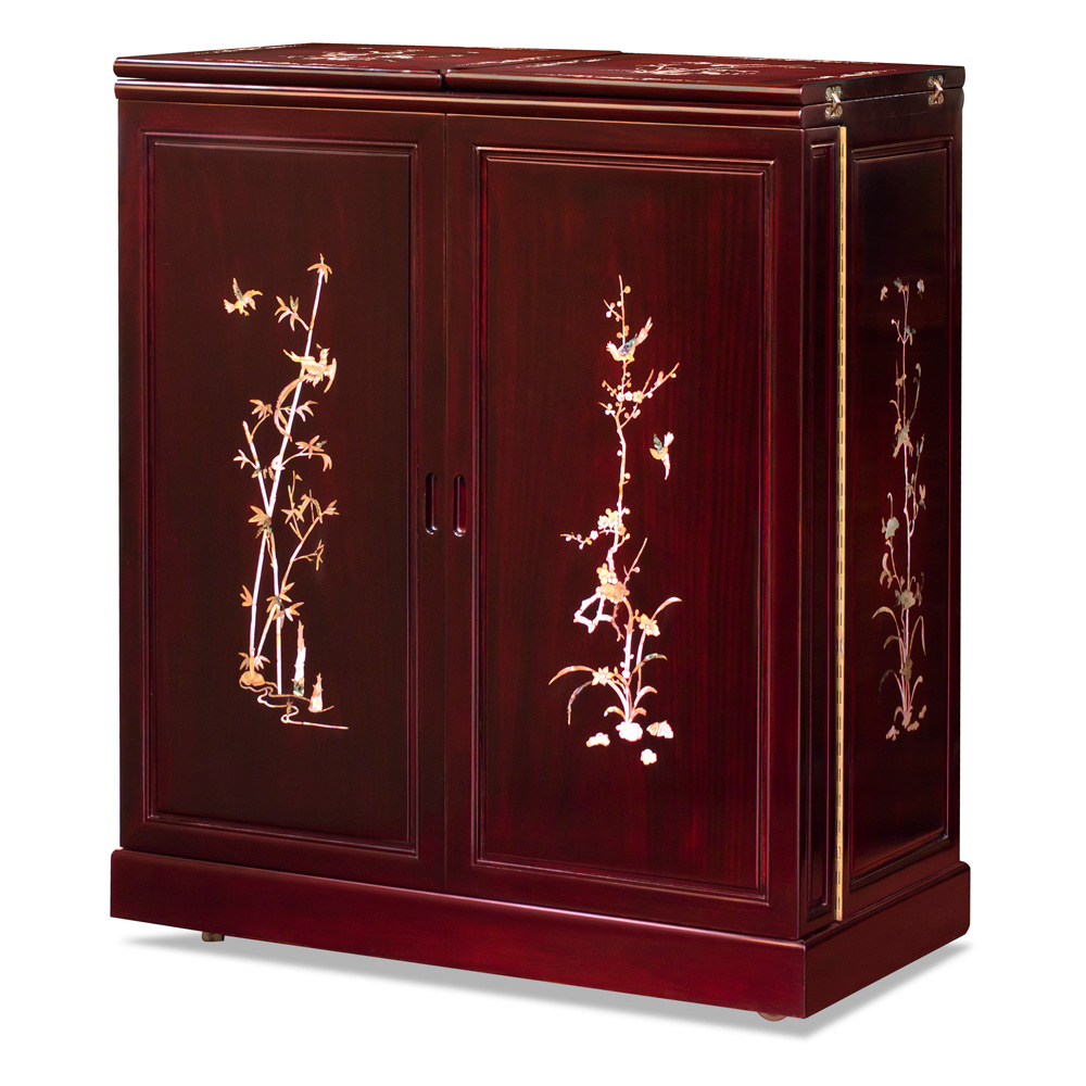 Dark Cherry Rosewood Mother of Pearl Inlay Oriental Bar Cabinet