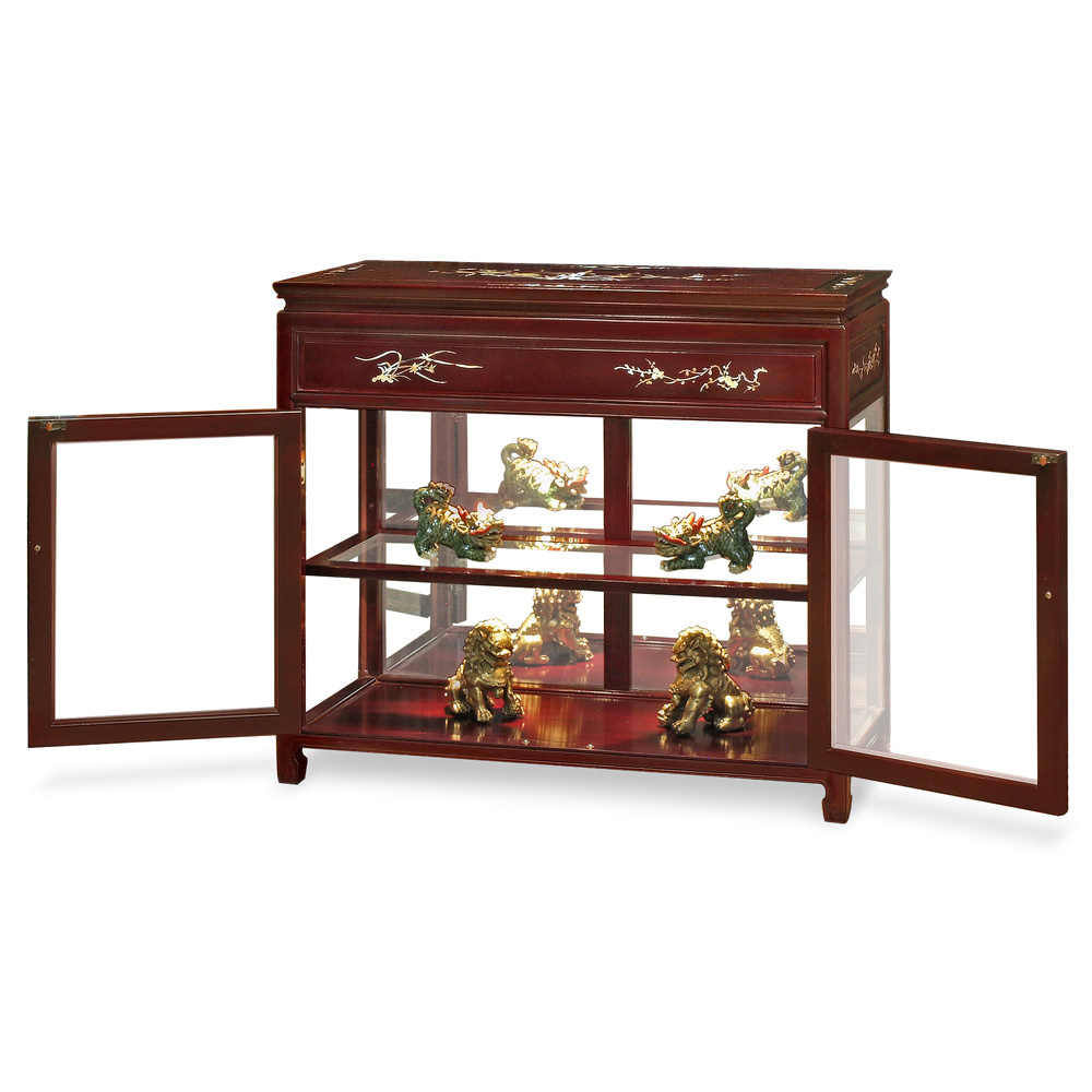 Dark Cherry Petite Rosewood Oriental Display Cabinet with Mother of Pearl Inlay
